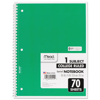 Mead® Spiral Notebook, 1 Subject, Medium/College Rule, Assorted Color Covers, 10.5 x 7.5, 70 Sheets (MEA05512)
