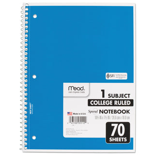 Mead® Spiral Notebook, 1 Subject, Medium/College Rule, Assorted Color Covers, 10.5 x 7.5, 70 Sheets (MEA05512)