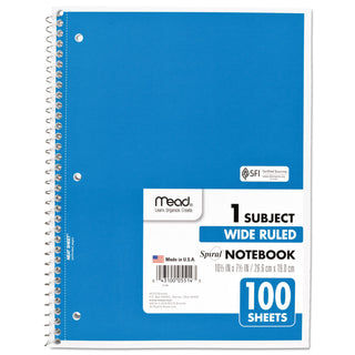 Mead® Spiral Notebook, 1 Subject, Wide/Legal Rule, Assorted Color Covers, 10.5 x 7.5, 100 Sheets (MEA05514)