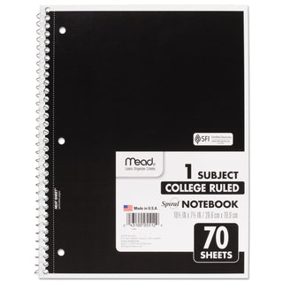 Mead® Spiral Notebook, 1 Subject, Medium/College Rule, Assorted Color Covers, 10.5 x 7.5, 70 Sheets (MEA05512)
