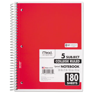 Mead® Spiral Notebook, 5 Subjects, Medium/College Rule, Assorted Color Covers, 10.5 x 8, 180 Sheets (MEA05682)