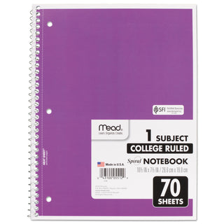 Mead® Spiral Notebook, 1 Subject, Medium/College Rule, Assorted Color Covers, 10.5 x 7.5, 70 Sheets (MEA05512)