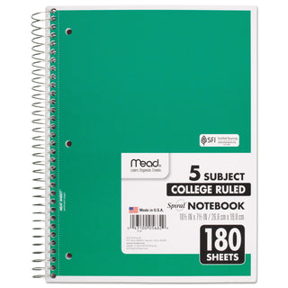 Mead® Spiral Notebook, 5 Subjects, Medium/College Rule, Assorted Color Covers, 10.5 x 8, 180 Sheets (MEA05682)