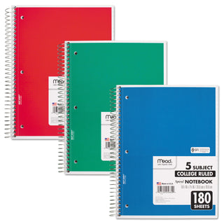 Mead® Spiral Notebook, 5 Subjects, Medium/College Rule, Assorted Color Covers, 10.5 x 8, 180 Sheets (MEA05682)