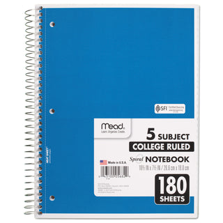 Mead® Spiral Notebook, 5 Subjects, Medium/College Rule, Assorted Color Covers, 10.5 x 8, 180 Sheets (MEA05682)