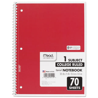 Mead® Spiral Notebook, 1 Subject, Medium/College Rule, Assorted Color Covers, 10.5 x 7.5, 70 Sheets (MEA05512)