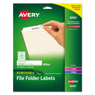 Avery® Removable File Folder Labels with Sure Feed Technology, 0.66 x 3.44, White, 30/Sheet, 25 Sheets/Pack (AVE8066)