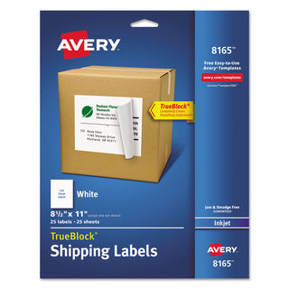 Avery® Shipping Labels with TrueBlock Technology, Inkjet Printers, 8.5 x 11, White, 25/Pack (AVE08165)