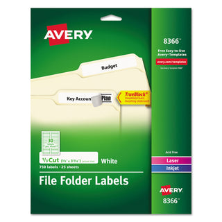 Avery® Permanent TrueBlock File Folder Labels with Sure Feed Technology, 0.66 x 3.44, White, 30/Sheet, 25 Sheets/Pack (AVE8366)