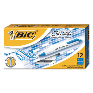 BIC® Clic Stic Retractable Ballpoint Pen, Medium 1 mm, Blue Ink, White Barrel, Dozen (BICCSM11BE)