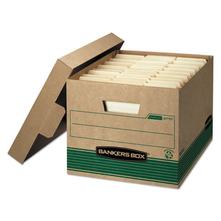 Bankers Box® STOR/FILE Medium-Duty 100% Recycled Storage Boxes, Letter/Legal Files, 12.5" x 16.25" x 10.25", Kraft/Green, 12/Carton (FEL12770)