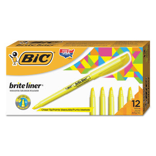 BIC® Brite Liner Highlighter, Chisel Tip, Fluorescent Yellow, Dozen (BICBL11YW)