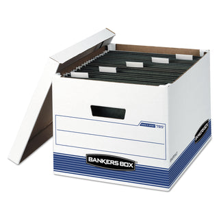 Bankers Box® HANG'N'STOR Medium-Duty Storage Boxes, Letter/Legal Files, 13" x 16" x 10.5", White/Blue, 4/Carton (FEL00785)