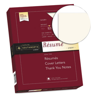 Southworth® 100% Cotton Resume Paper, 32 lb, 8.5 x 11, Ivory, 100/Pack (SOURD18ICF)