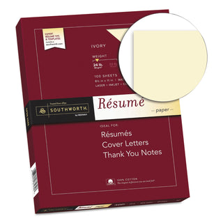 Southworth® 100% Cotton Resume Paper, 24 lb, 8.5 x 11, Ivory, 100/Pack (SOUR14ICF)