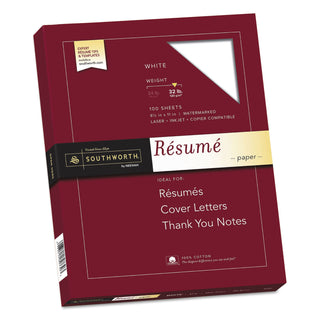 Southworth® 100% Cotton Resume Paper, 95 Bright, 32 lb, 8.5 x 11, White, 100/Pack (SOURD18CF)