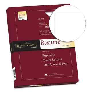 Southworth® 100% Cotton Resume Paper, 95 Bright, 32 lb, 8.5 x 11, White, 100/Pack (SOURD18CF)