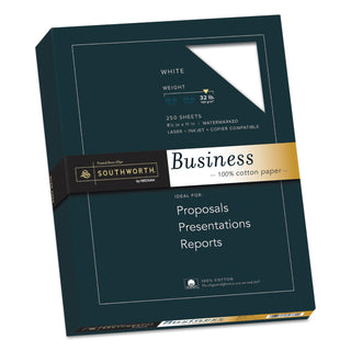Southworth® 100% Cotton Business Paper, 95 Bright, 32 lb, 8.5 x 11, White, 250/Pack (SOUJD18C)