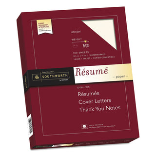 Southworth® 100% Cotton Resume Paper, 32 lb, 8.5 x 11, Ivory, 100/Pack (SOURD18ICF)