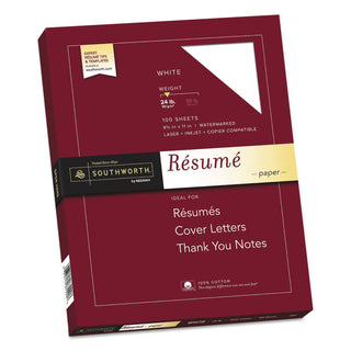 Southworth® 100% Cotton Resume Paper, 95 Bright, 24 lb, 8.5 x 11, White, 100/Pack (SOUR14CF)