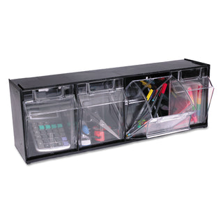 deflecto® Tilt Bin Interlocking 4-Bin Organizer, 23 5/8 x 6 5/8 x 8 1/8, Black/Clear (DEF20404OP)