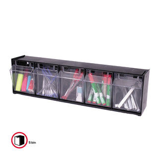 deflecto® Tilt Bin Interlocking 5-Bin Organizer, 23 5/8 x 5 1/4 x 6 1/2, Black/Clear (DEF20504OP)