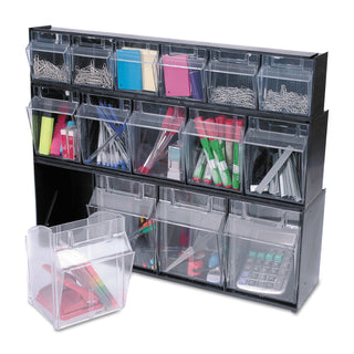deflecto® Tilt Bin Interlocking 4-Bin Organizer, 23 5/8 x 6 5/8 x 8 1/8, Black/Clear (DEF20404OP)