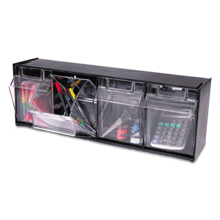 deflecto® Tilt Bin Interlocking 4-Bin Organizer, 23 5/8 x 6 5/8 x 8 1/8, Black/Clear (DEF20404OP)