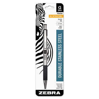 Zebra® G-301 Retractable Gel Pen, Medium 0.7 mm, Black Ink, Stainless Steel/Black Barrel (ZEB41311)