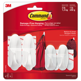 Command™ General Purpose Designer Hooks, Small/Medium, 3 lb Cap, White, 4 Hooks and 4 Strips/Pack (MMM170812VPES)