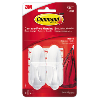Command™ General Purpose Designer Hooks, Medium, 3 lb Cap, White, 2 Hooks and 4 Strips/Pack (MMM17081)