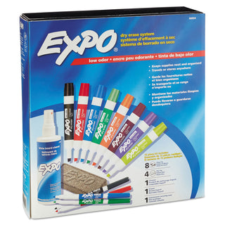 EXPO® Low-Odor Dry Erase Marker, Eraser & Cleaner Kit, Assorted Tips, Assorted Colors, 12/Set (SAN80054)
