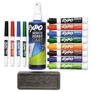 EXPO® Low-Odor Dry Erase Marker, Eraser & Cleaner Kit, Assorted Tips, Assorted Colors, 12/Set (SAN80054)