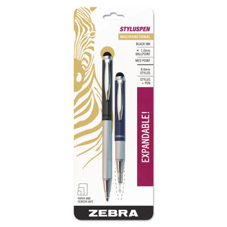 Zebra® StylusPen Retractable Ballpoint Pen/Stylus, 1mm, Black Ink, Blue/Gray Barrel, Pair (ZEB33602)