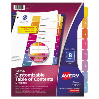 Avery® Customizable TOC Ready Index Multicolor Dividers, 8-Tab, Letter (AVE11133)