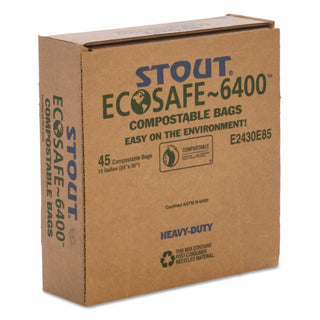 Stout® by Envision™ EcoSafe-6400 Bags, 13 gal, 0.85 mil, 24" x 30", Green, 45/Box (STUE2430E85)