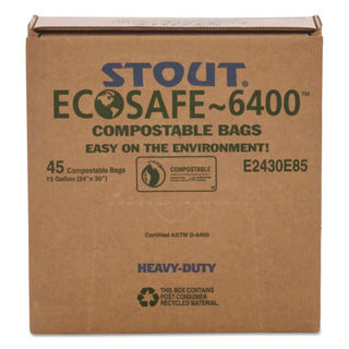 Stout® by Envision™ EcoSafe-6400 Bags, 13 gal, 0.85 mil, 24" x 30", Green, 45/Box (STUE2430E85)