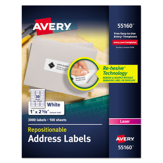 Avery® Repositionable Address Labels w/SureFeed, Laser, 1 x 2 5/8, White, 3000/Box (AVE55160)