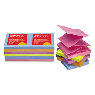 Universal® Fan-Folded Self-Stick Pop-Up Note Pads, 3" x 3", Assorted Bright Colors, 100 Sheets/Pad, 12 Pads/Pack (UNV35611)