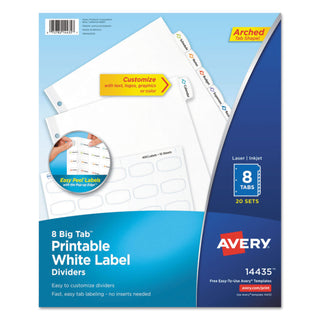 Avery® Big Tab Printable White Label Tab Dividers, 8-Tab, Letter, 20 per pack (AVE14435)