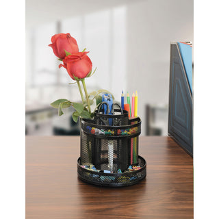 Universal® Metal Mesh Rotating Desktop Organizer, 8 Compartments, Metal Mesh, 6.5" Diameter x 6.13"h, Black (UNV20022)