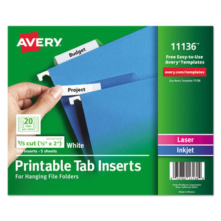 Avery® Tabs Inserts For Hanging File Folders, 1/5-Cut Tabs, White, 2" Wide, 100/Pack (AVE11136)