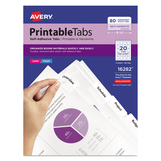Avery® Printable Plastic Tabs with Repositionable Adhesive, 1/5-Cut Tabs, White, 1.75" Wide, 80/Pack (AVE16282)