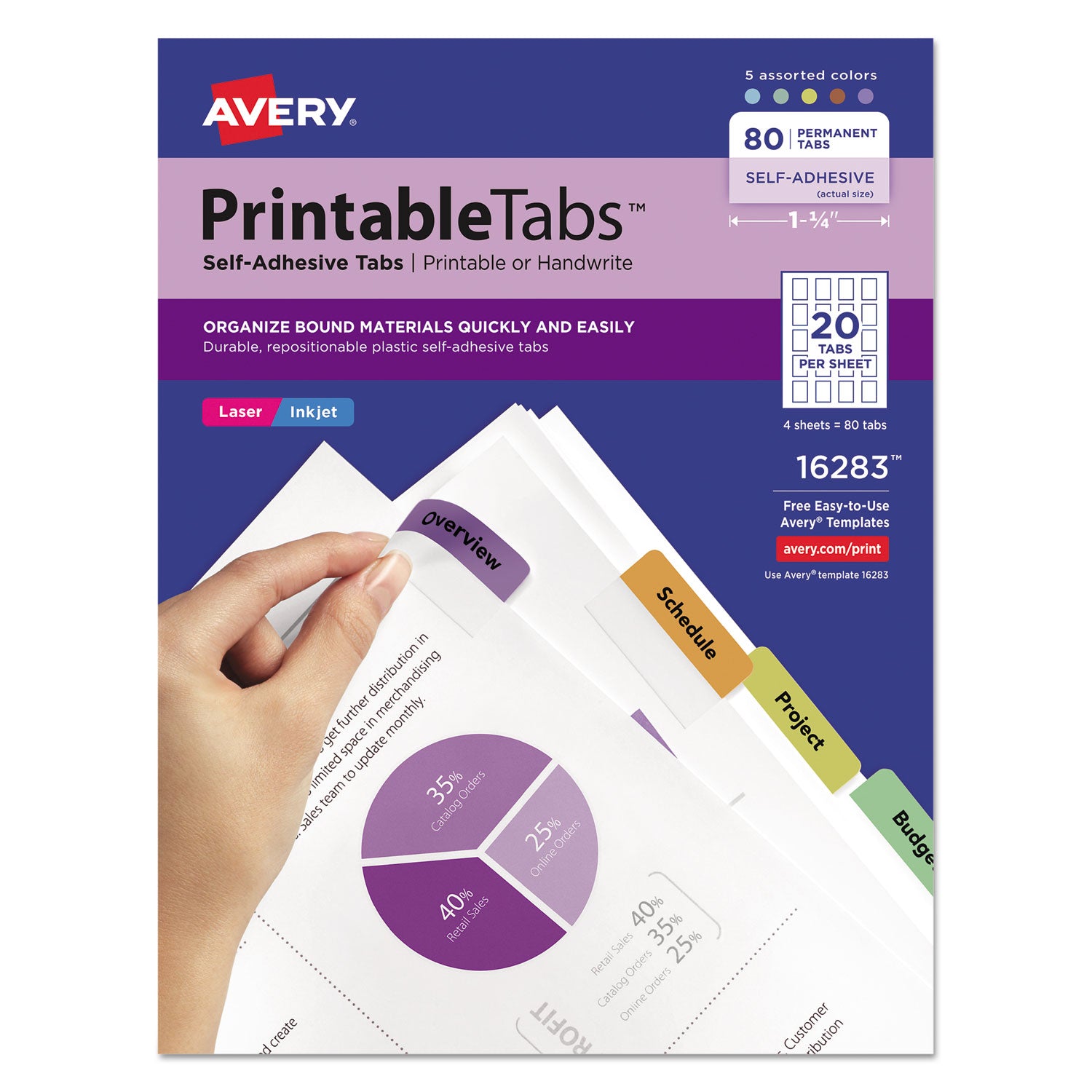 Printable Plastic Tabs with Repositionable Adhesive, 1/5-Cut, White, 1.75