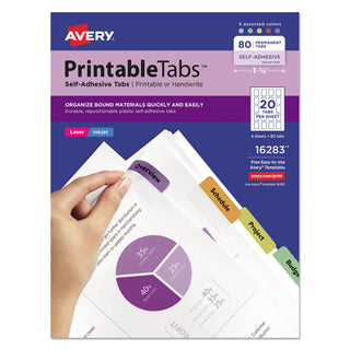 Avery® Printable Plastic Tabs with Repositionable Adhesive, 1/5-Cut Tabs, Assorted Colors, 1.75" Wide, 80/Pack (AVE16283)
