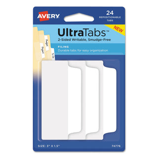 Avery® Ultra Tabs Repositionable Wide Tabs, 1/3-Cut Tabs, White, 3" Wide, 24/Pack (AVE74776)