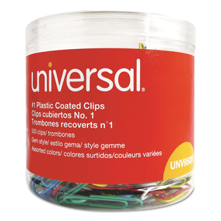 Universal® Plastic-Coated Paper Clips with One-Compartment Storage Tub, #1, Assorted Colors, 500/Pack (UNV95001)
