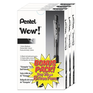 Pentel® WOW! Retractable Ballpoint Pen Value Pack, Medium 1 mm, Black Ink/Barrel, 36/Pack (PENBK440ASWUS)