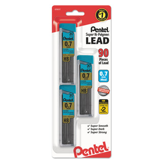 Pentel® Super Hi-Polymer Lead Refills, 0.7 mm, HB, Black, 30/Tube, 3 Tubes/Pack (PENC27BPHB3K6)