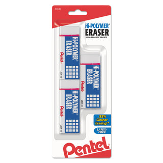Pentel® Hi-Polymer Eraser, Rectangular, Medium, White, Latex-Free Hi-Polymer, 3/Pack (PENZEH10BP3K6)
